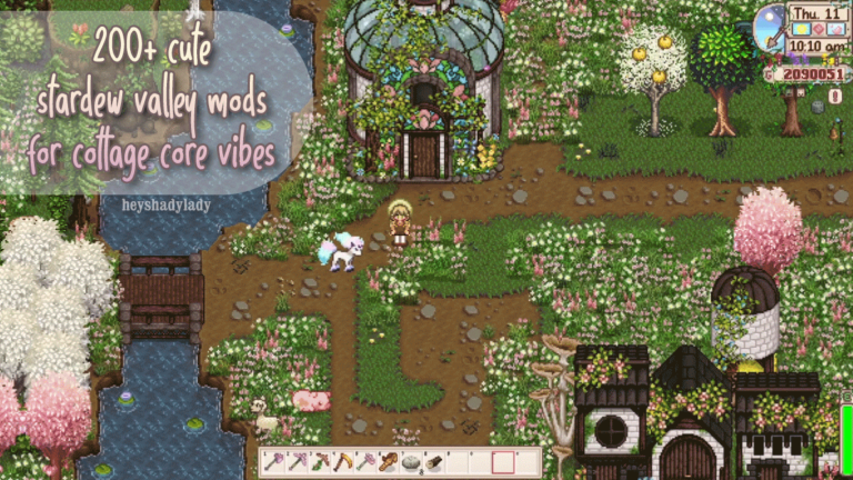 a banner showing a cute stardew valley screencap with lots of flower fields, a decorative glass greenhouse, and a Galarian Ponyta with the text "200+ stardew valley mods for cottage core vibes"