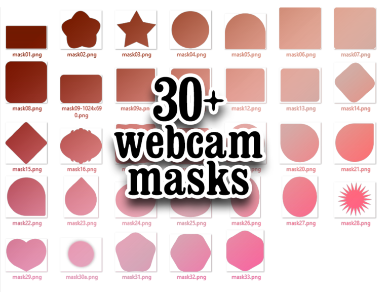 a collection of 30 different geometric shapes laid out in a grid shape with the text "30+ webcam masks" overlaid on top