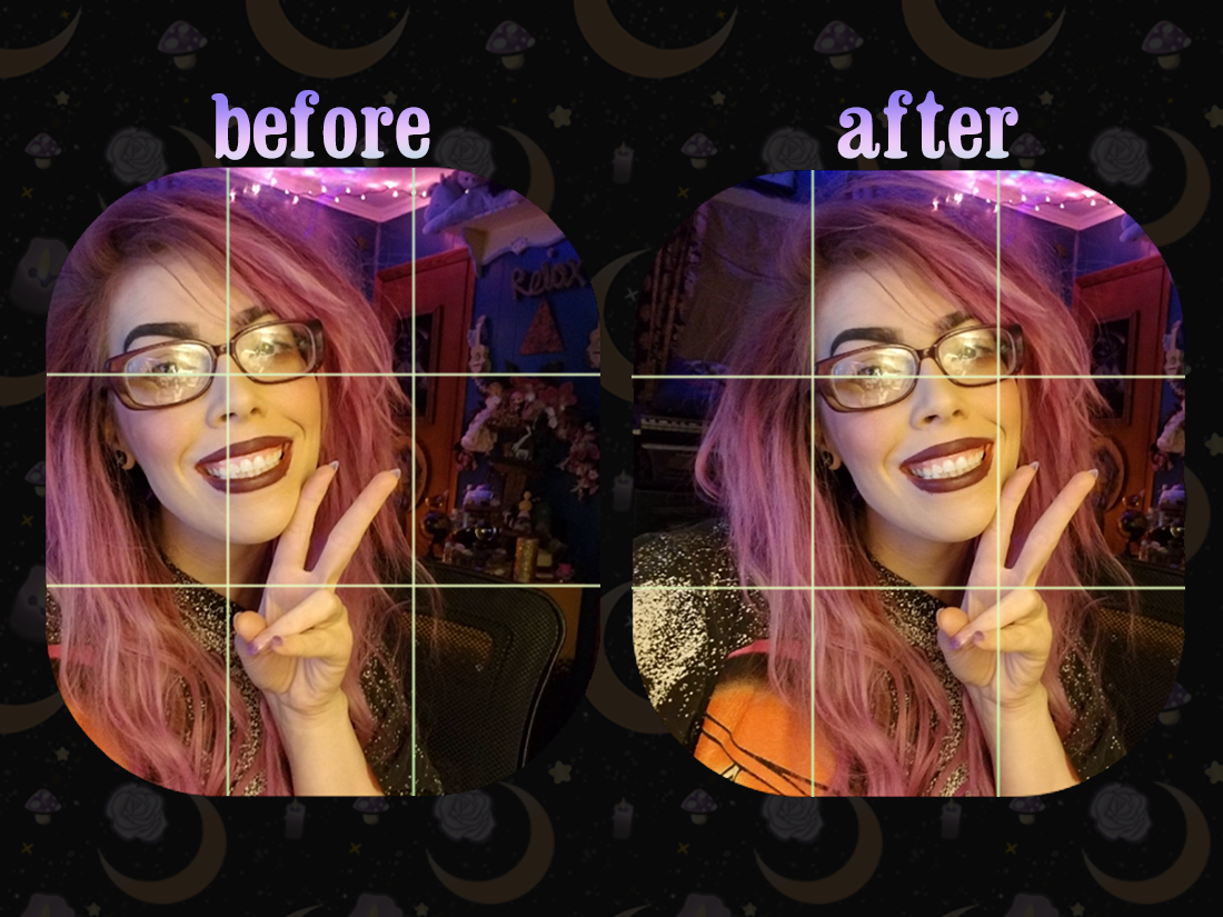 a banner of two webcam frames. on the left side is says "before" and shows that the webcam is not centered. the right side says "after" and shows that the camera frame is centered.