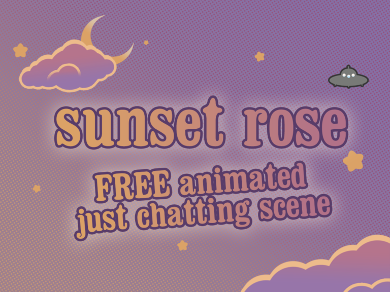 a graphic banner with soft purple gradient color palettes, golden stars and a crescent moon, and a UFO. it has the text "sunset rose. free animated just chatting scene" in large soft letters.