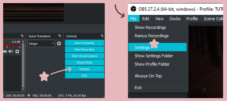 a screencap of OBS showing the settings button location.