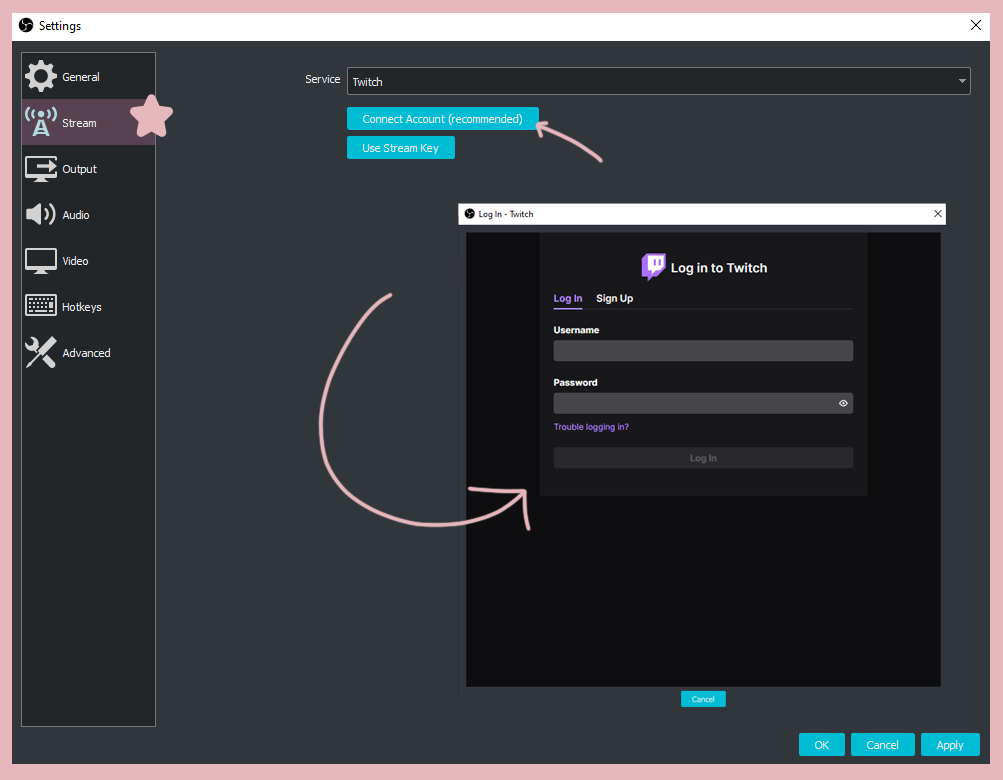 a screencap of OBS showing stream settings to connect your twitch account.