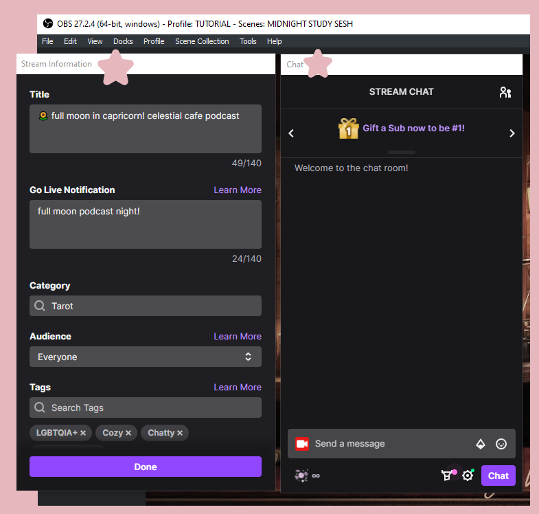 a screen cap of OBS showing the twitch chat and stream info as new portable docks built into OBS