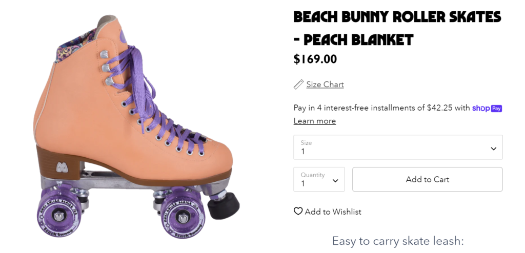 a screencap from the moxi roller skates website of a pair of quad skates, a soft peach leather color for the boot, with d a purple lace and set of wheels.  the price is listed at $169.00.