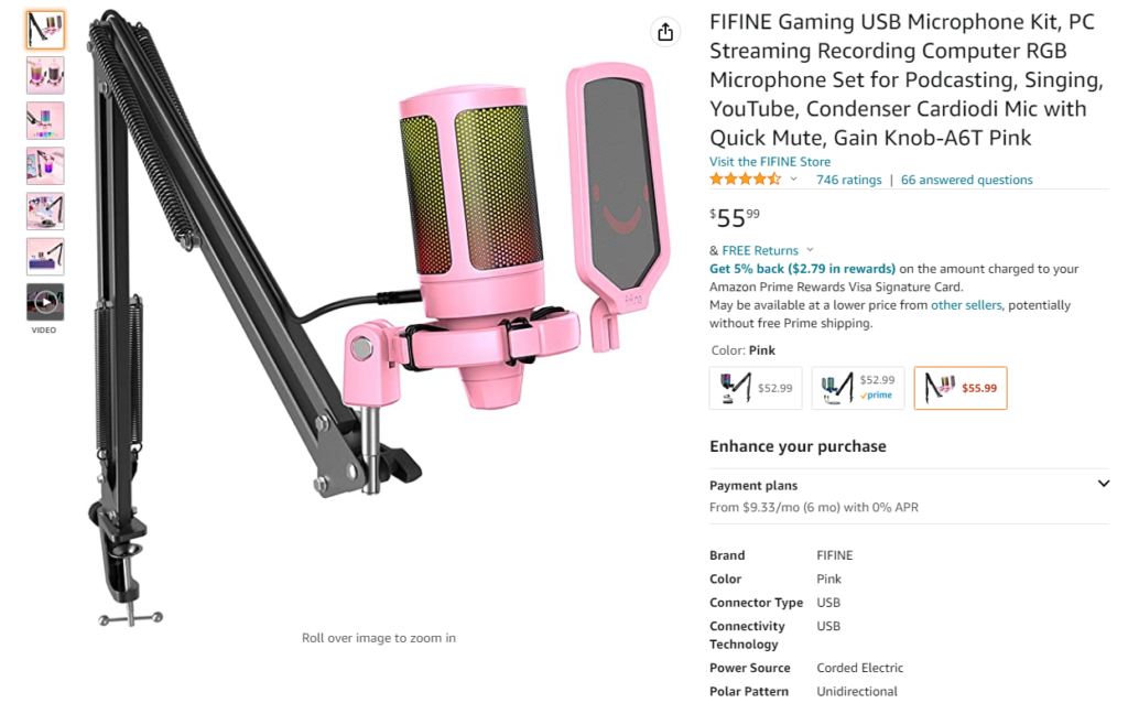 a screencap from amazon showing a cute USB microphone mounted on a boom arm.  the microphone has a rainbow gradient grille, a detachable pop filter with a smiley face printed on it.  the title of the item is "fifine gaming USB microphone kit, pc streaming recording computer RGB microphone set for podcasting, singing, youtube, condenser cardiodi mic with quick mute, gain knob - a6t pink." it is listed as $55.99 and has three color options.