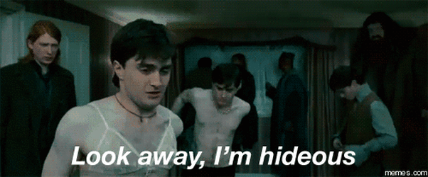a gif from the scene in Harry Potter where the majority of the cast took polyjuice potion to transform into Harry. The Harry who is actually Fleur Delacour in center view is clad in an elegant necklace and a small lacy bra. The caption says "Look away, I'm hideous"