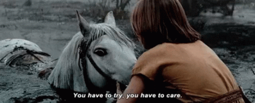 a gif from the movie NeverEnding Story. It shows Atreyu, a young boy hero, trying to coax his gorgeous and powerful all-white horse, Artax, out of a muddy, mucky swamp. Artax is submerged up to his chin in the mud, and Atreyu pulls on him but the horse will not budge. The horses eyes are wide seemingly with fright. The caption reads "You have to try. You have to care"