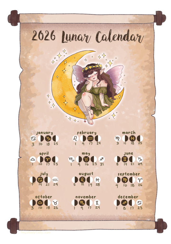 illustrated 2026 lunar calendar on a parchment scroll featuring a resting fairy on a crescent moon, surrounded by sparkles with all twelve months displaying the four major moon phases and zodiac symbols to track astrology